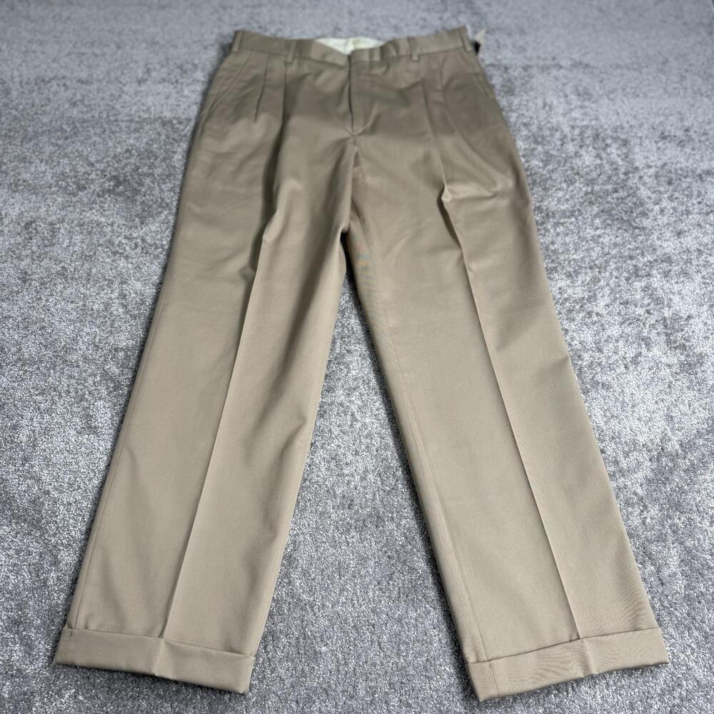 Lands End Pants Mens 36x32 Beige Pleated Cuffed Cotton Khakis Wrinkle Resistant